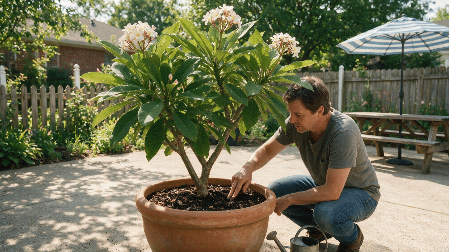 gardener checking dry topsoil around a healthy potted plumeria before watering