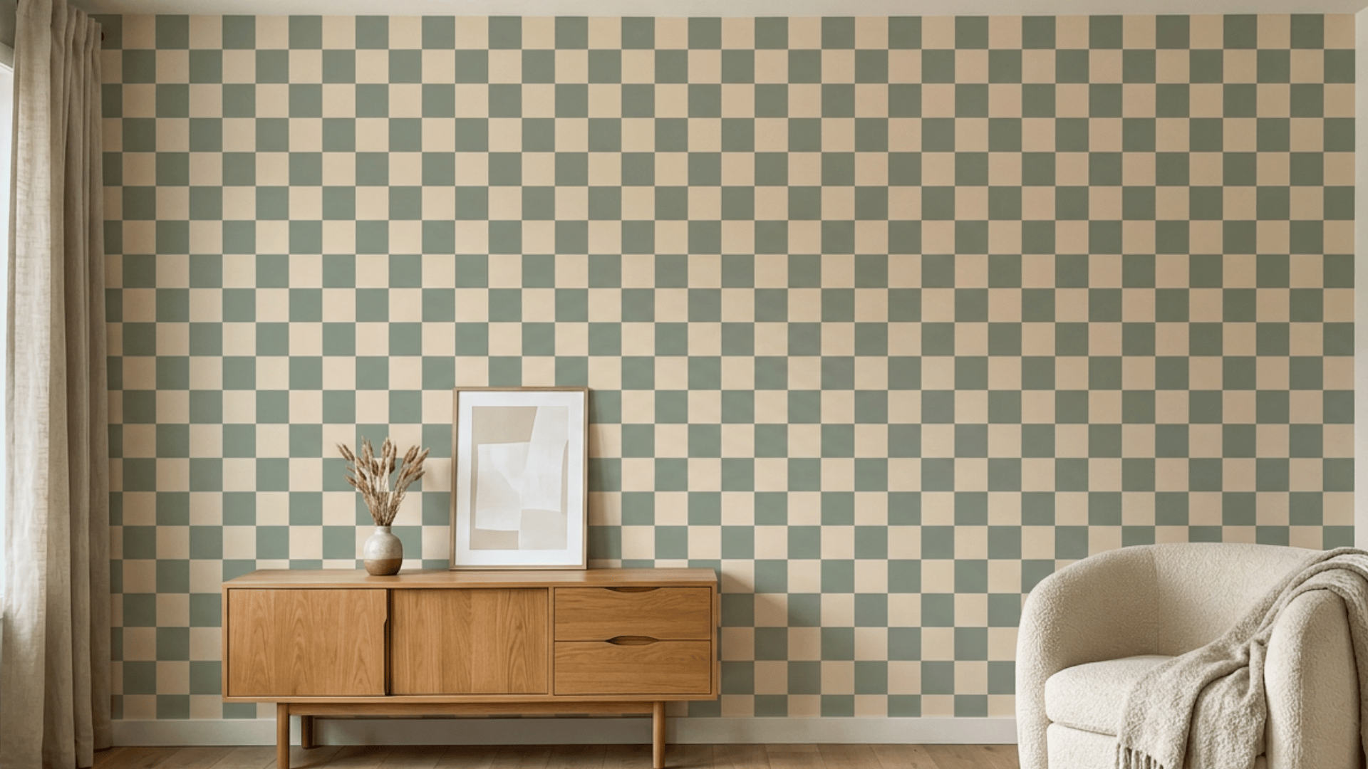 peel-and-stick wallpaper being applied smoothly to a bedroom wall with one removable patterned panel partly unrolled