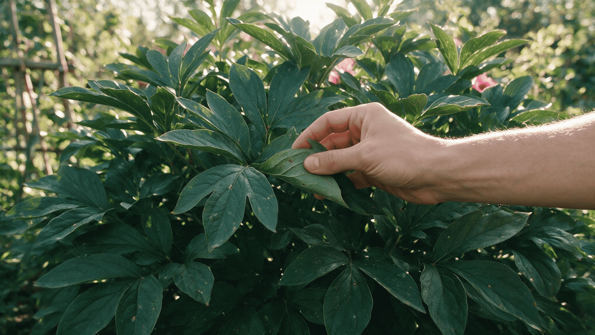 hand checking the leaves of peony plant for the need of fertilizers