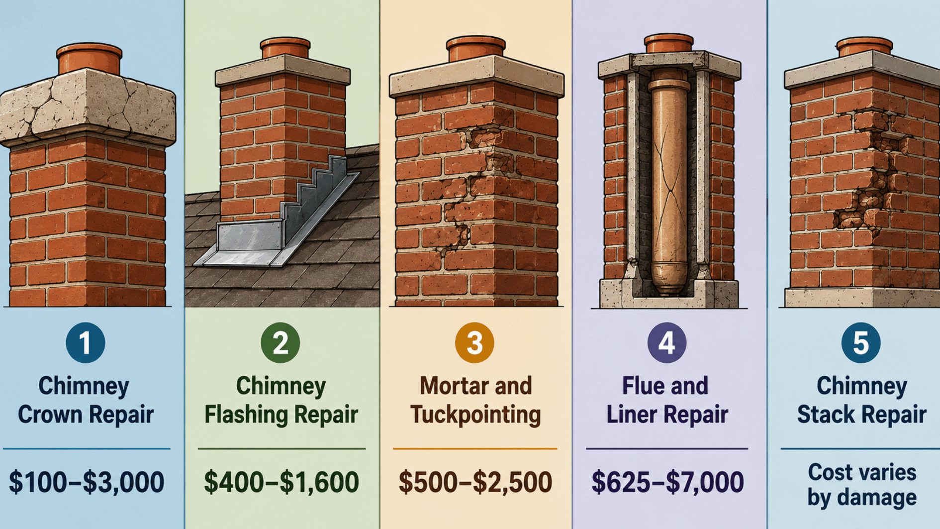 illustration showing chimney crown, flashing, mortar, flue liner, and stack repair cost ranges