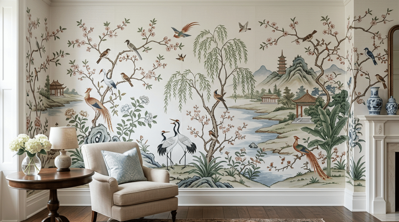 chinoiserie wallpaper with painted birds flowering branches and delicate scenery across a decorative feature wall