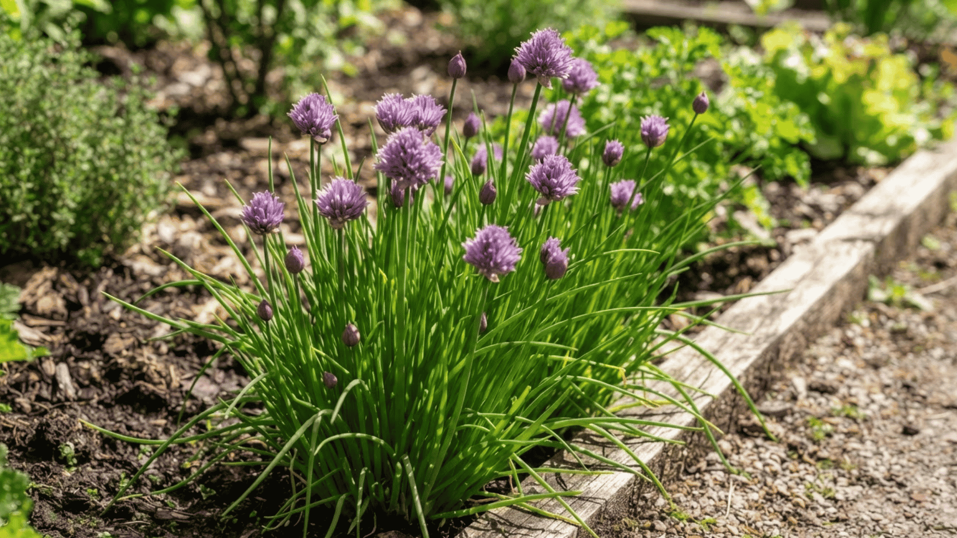 chive plants with purple flower clusters along a garden edge
