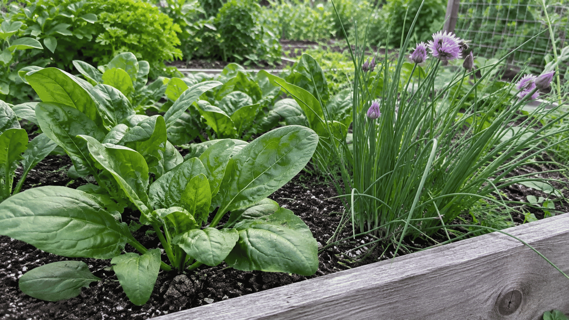 spinach growing beside flowering chives in a wooden raised bed