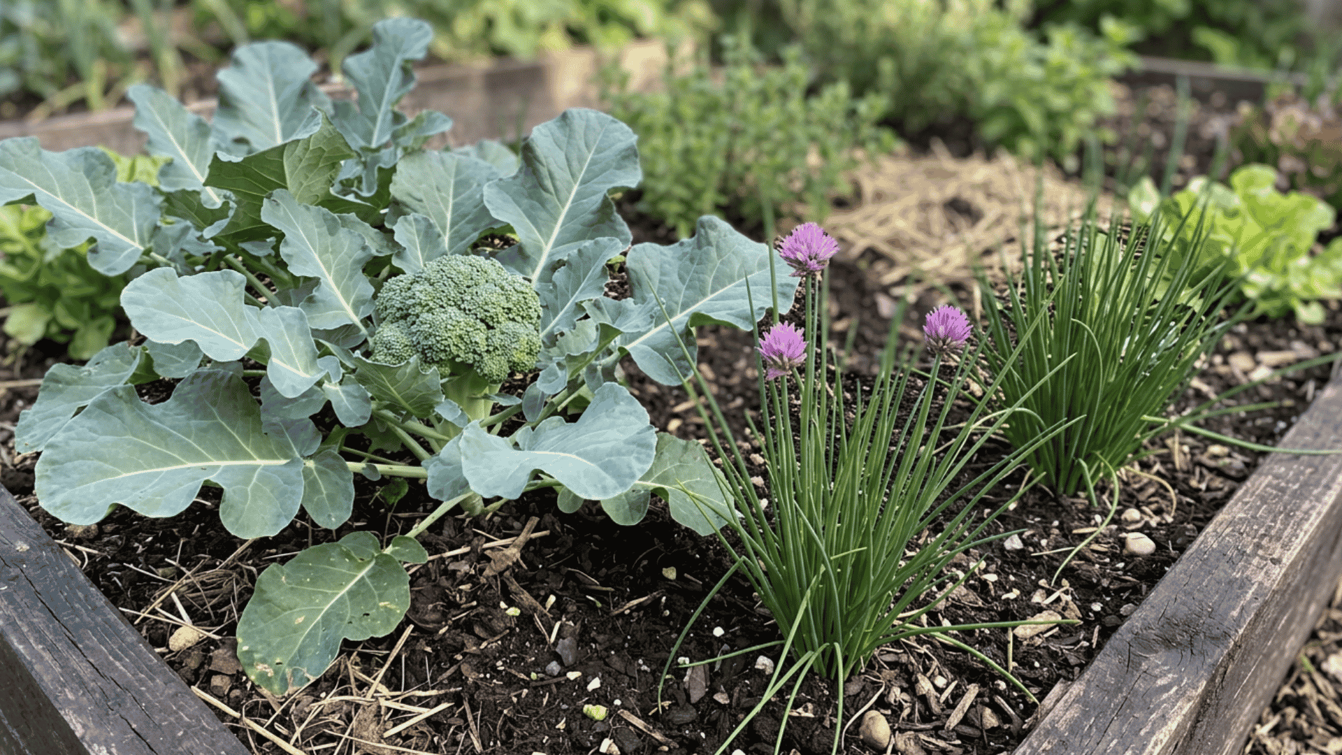 broccoli growing beside flowering chives with narrow green leaves and purple blooms