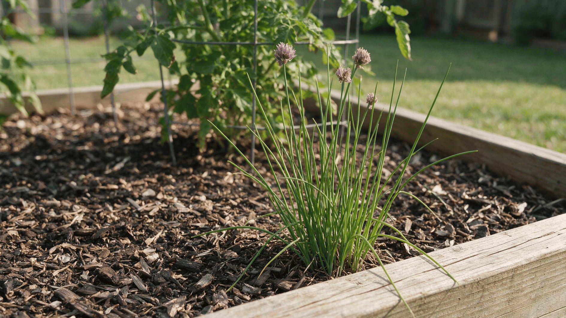 flowering chives growing along the border of a raised garden bed with healthy tomato plants