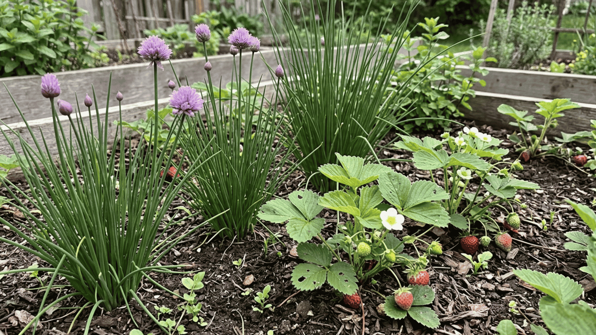 upright chive clumps with purple blooms growing beside low strawberry plants in a natural garden bed