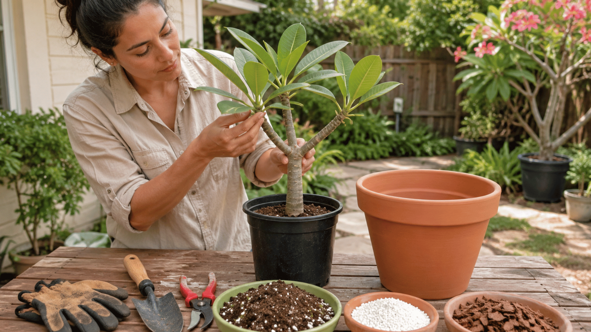 gardener inspecting a healthy young plumeria beside a terracotta pot and planting supplies in a sunny backyard