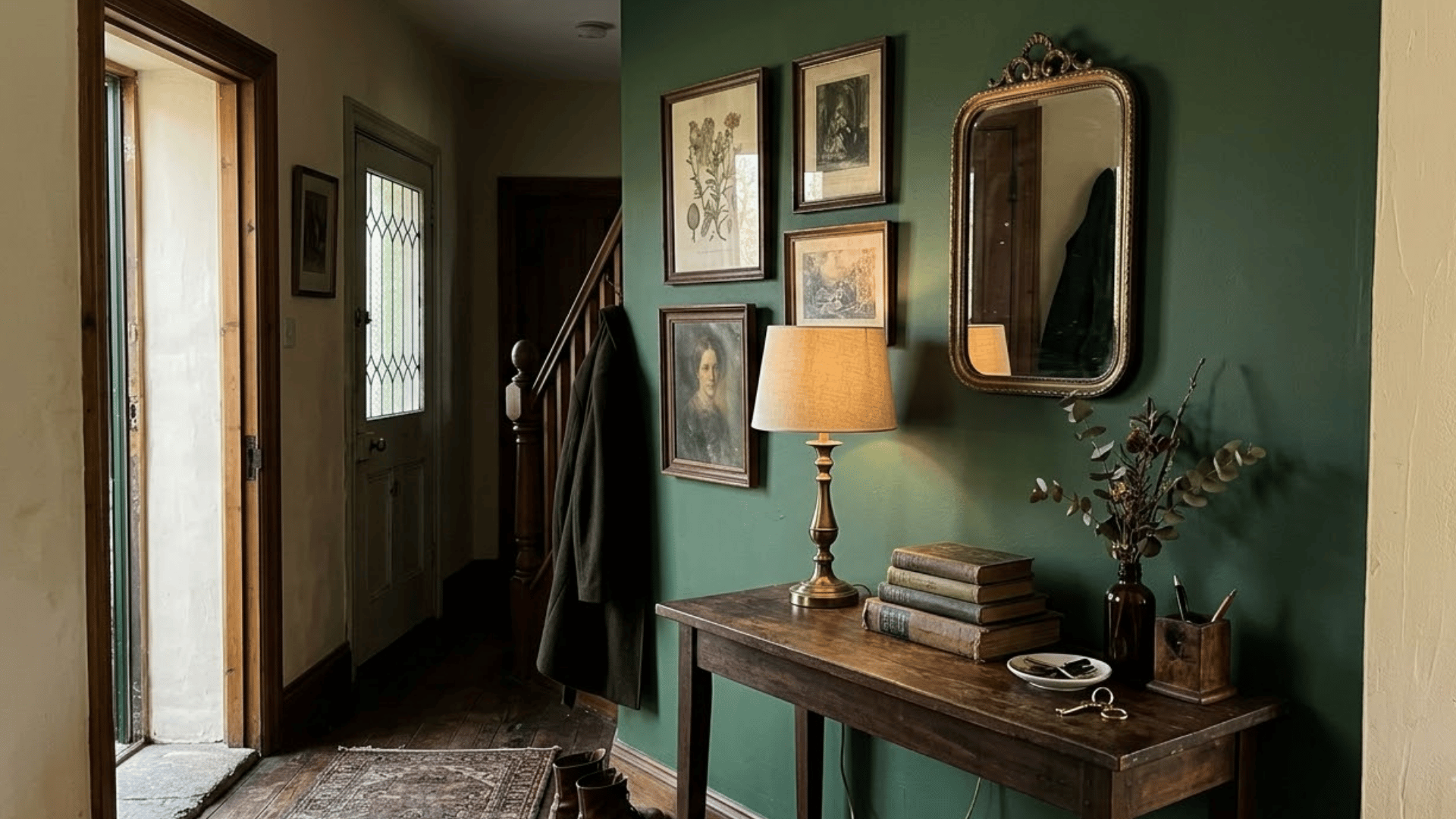 dark academia entryway with cream walls forest green accent wall and dark wooden console table