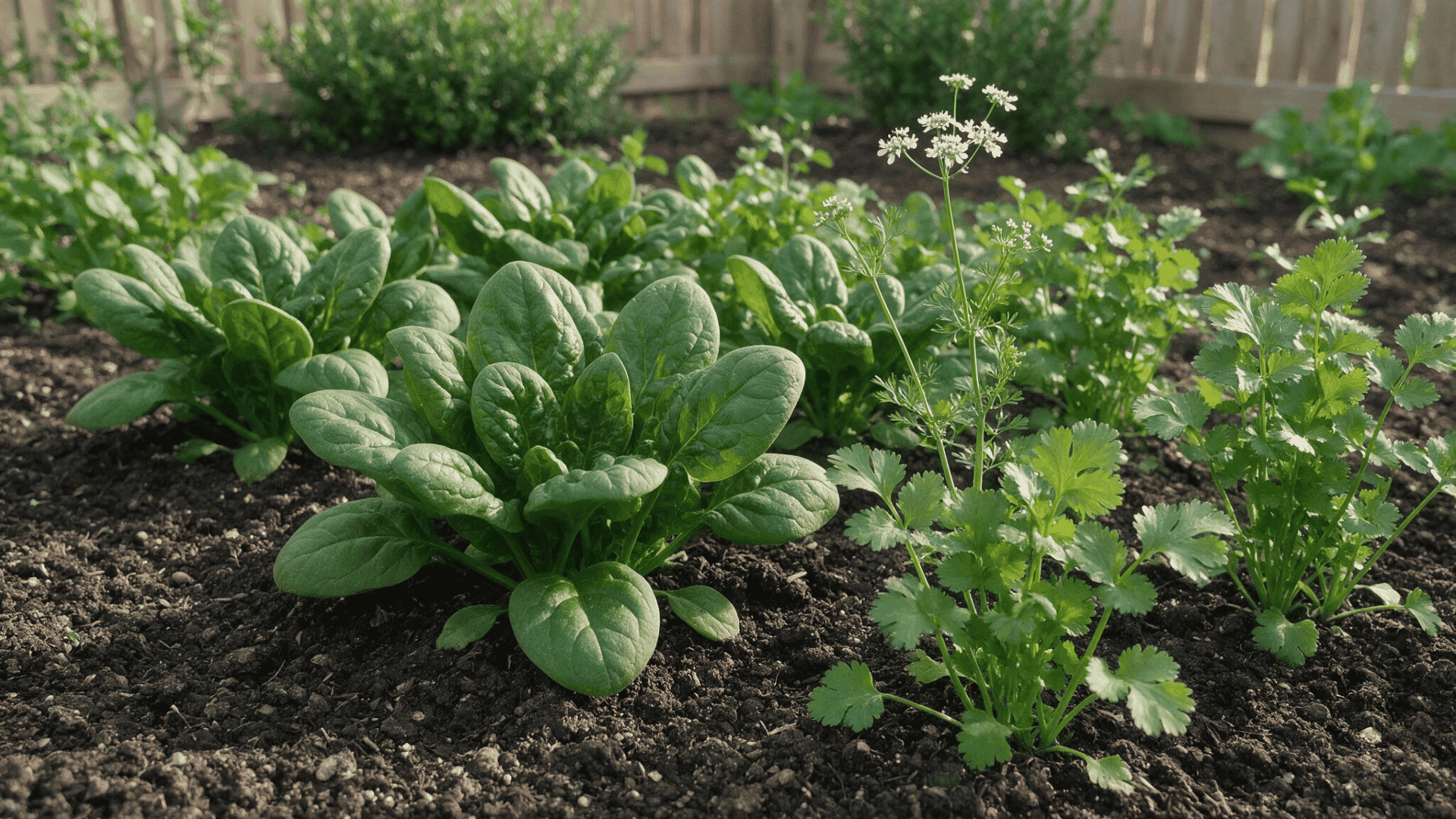 spinach growing next to flowering cilantro plants in a garden bed