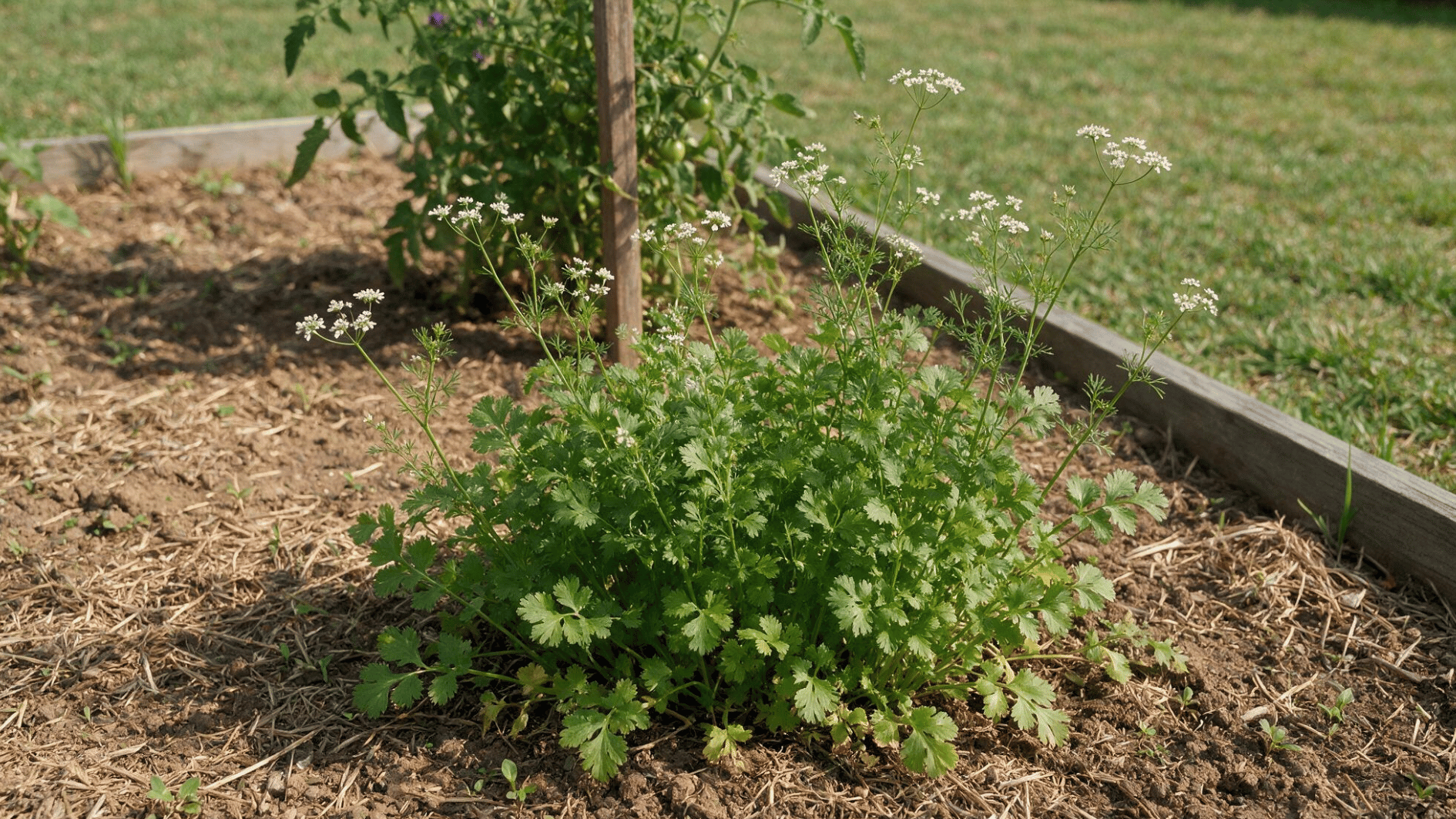 flowering cilantro growing near a tomato plant in a raised vegetable bed in a home backyard