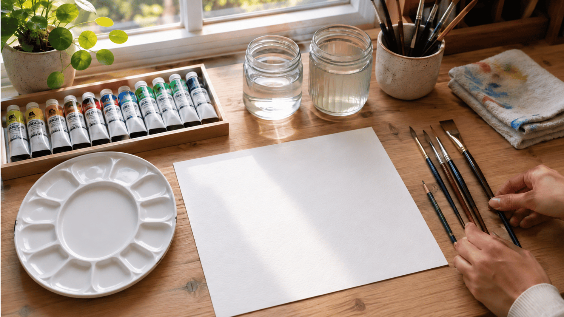clean watercolor workspace with blank paper brushes paint tubes water jars and an empty palette by a window