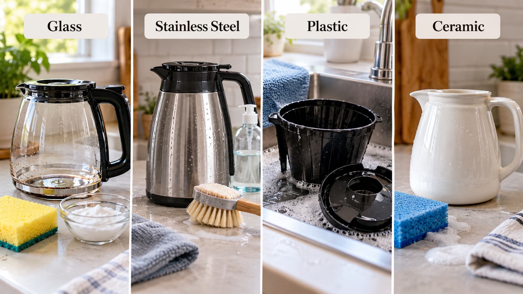 Various types of coffee pots including glass carafes, stainless steel pots, and ceramic carafes displayed on a counter.