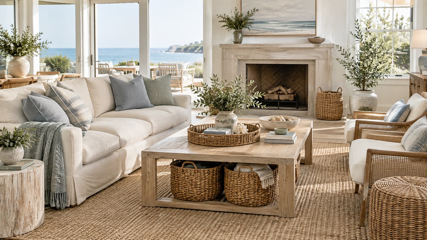 Coastal farmhouse interior featuring light wood furniture, woven baskets, and soft blue accents