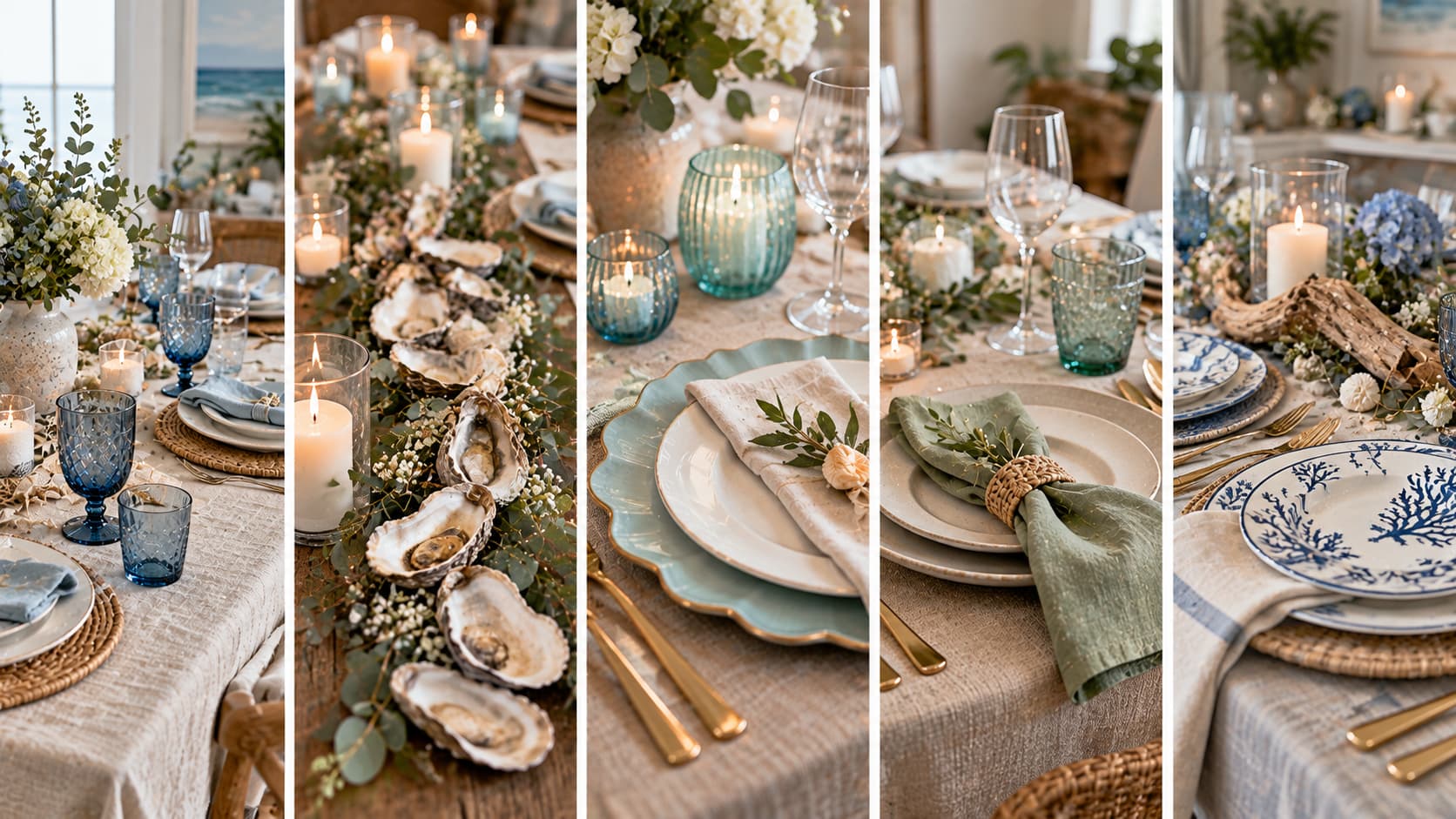 Five-panel collage of coastal Thanksgiving table decor: sand linen tablecloth, oyster shell garland, sea glass candle holders, sage green napkins, and driftwood accents.