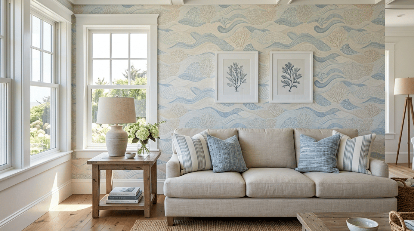 coastal wallpaper with soft blue tones and subtle seaside motifs creating a light relaxed bedroom feature wall