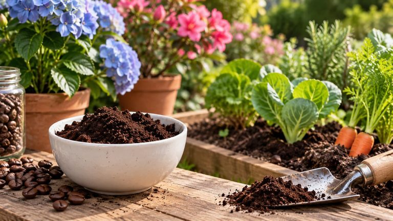 Bowl of used coffee grounds on a wooden bench next to garden beds, potted flowers, and coffee beans.