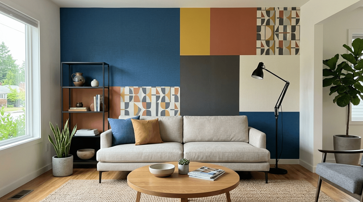 color-blocked wallpaper panels in contrasting muted shades creating clean graphic sections across a modern wall
