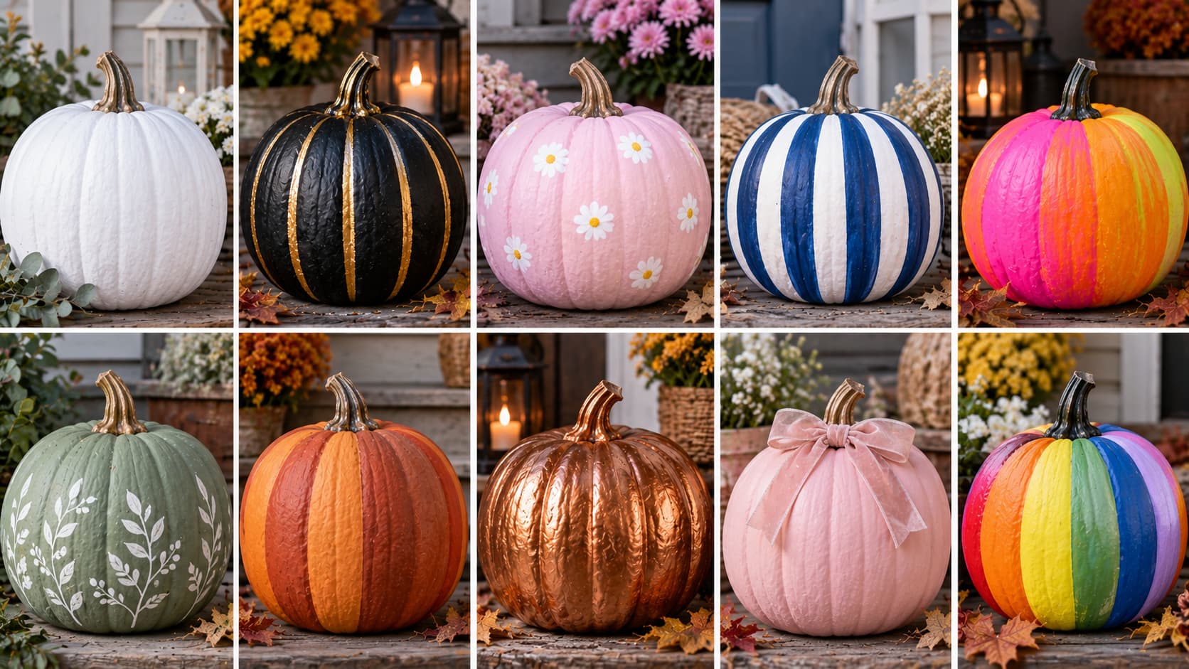 A ten-panel collage of trendy painted pumpkins showcasing minimalist white, black and gold, pastels, coastal blue, and sage green styles.