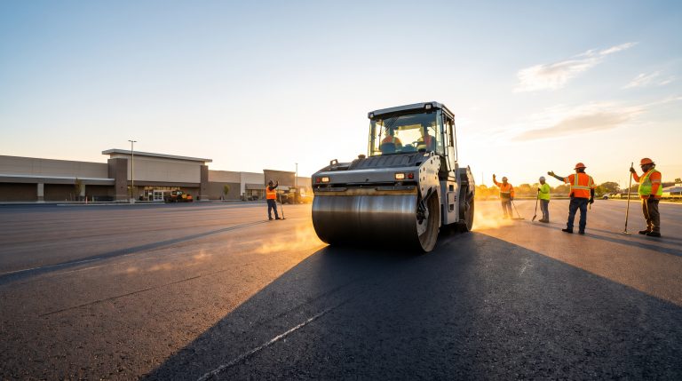 Construction crew with steamroller paving a parking lot at sunset near a building