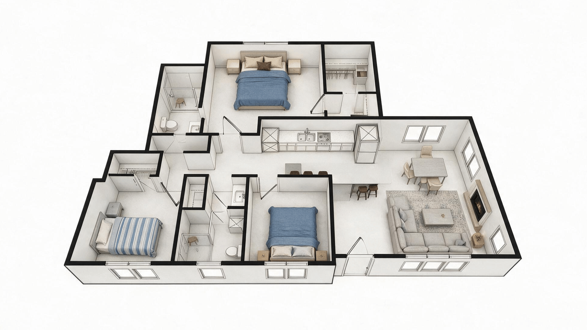 compact 3 bedroom house plan with three bedrooms, two bathrooms, and an open living and dining area