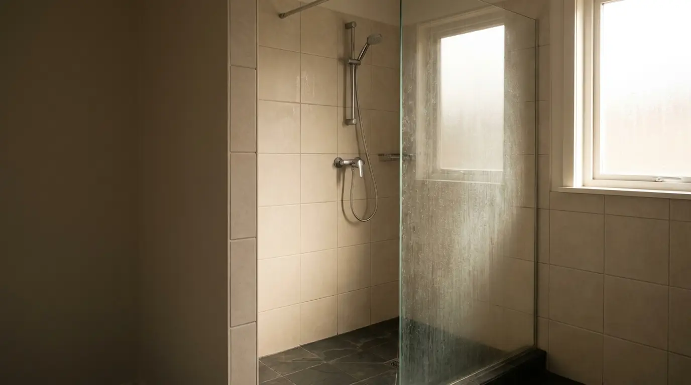 Walk-in shower with glass panel in a tiled bathroom, natural light through window