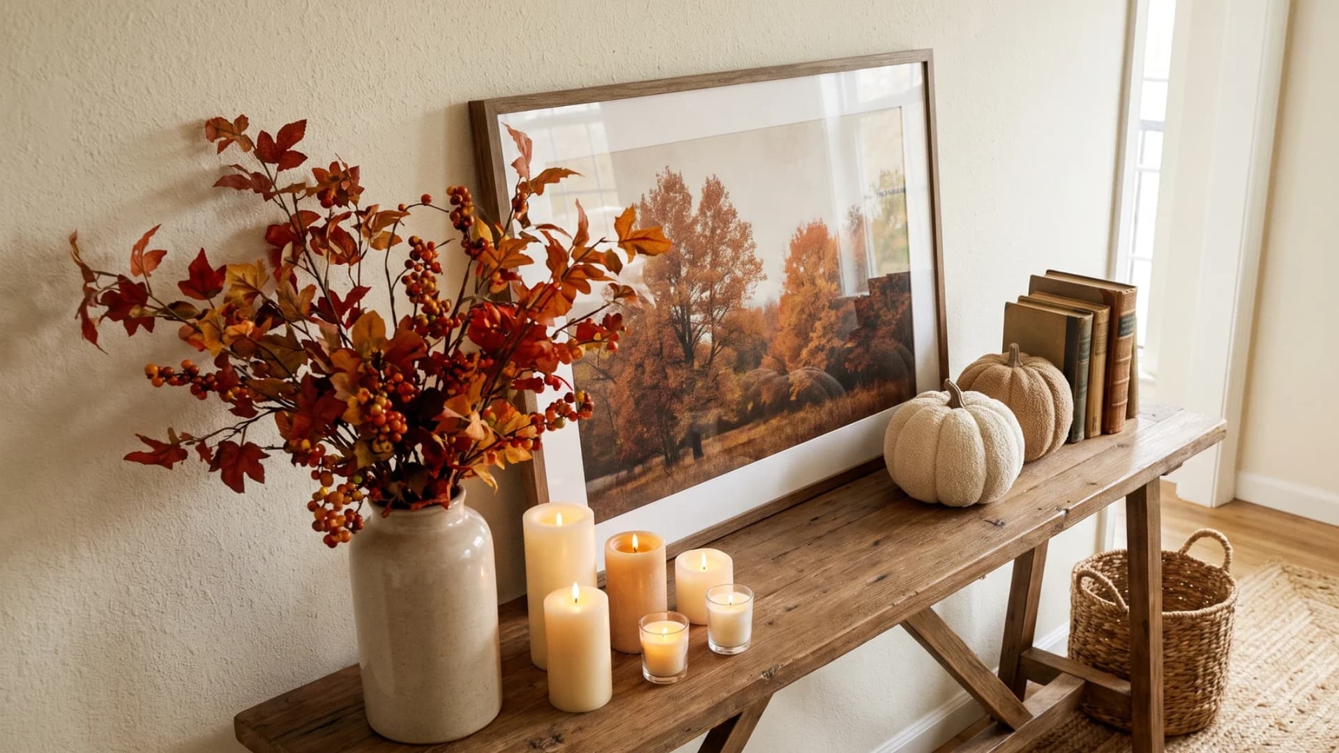 A styled console table serving as a fall mantel with layered artwork, neutral pumpkins, and dried floral arrangements.