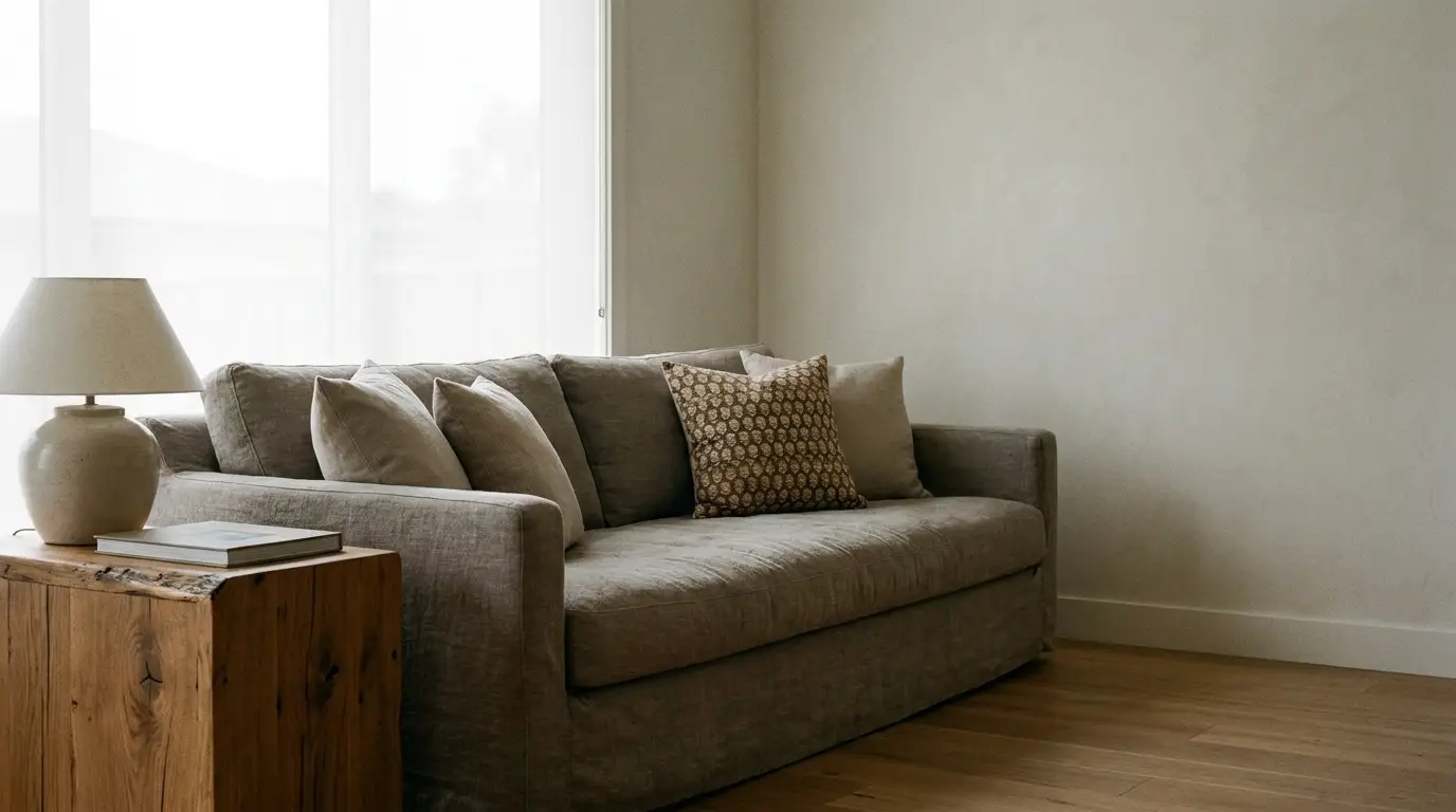 Neutral-toned sofa with patterned cushion beside rustic wooden side table in bright living room