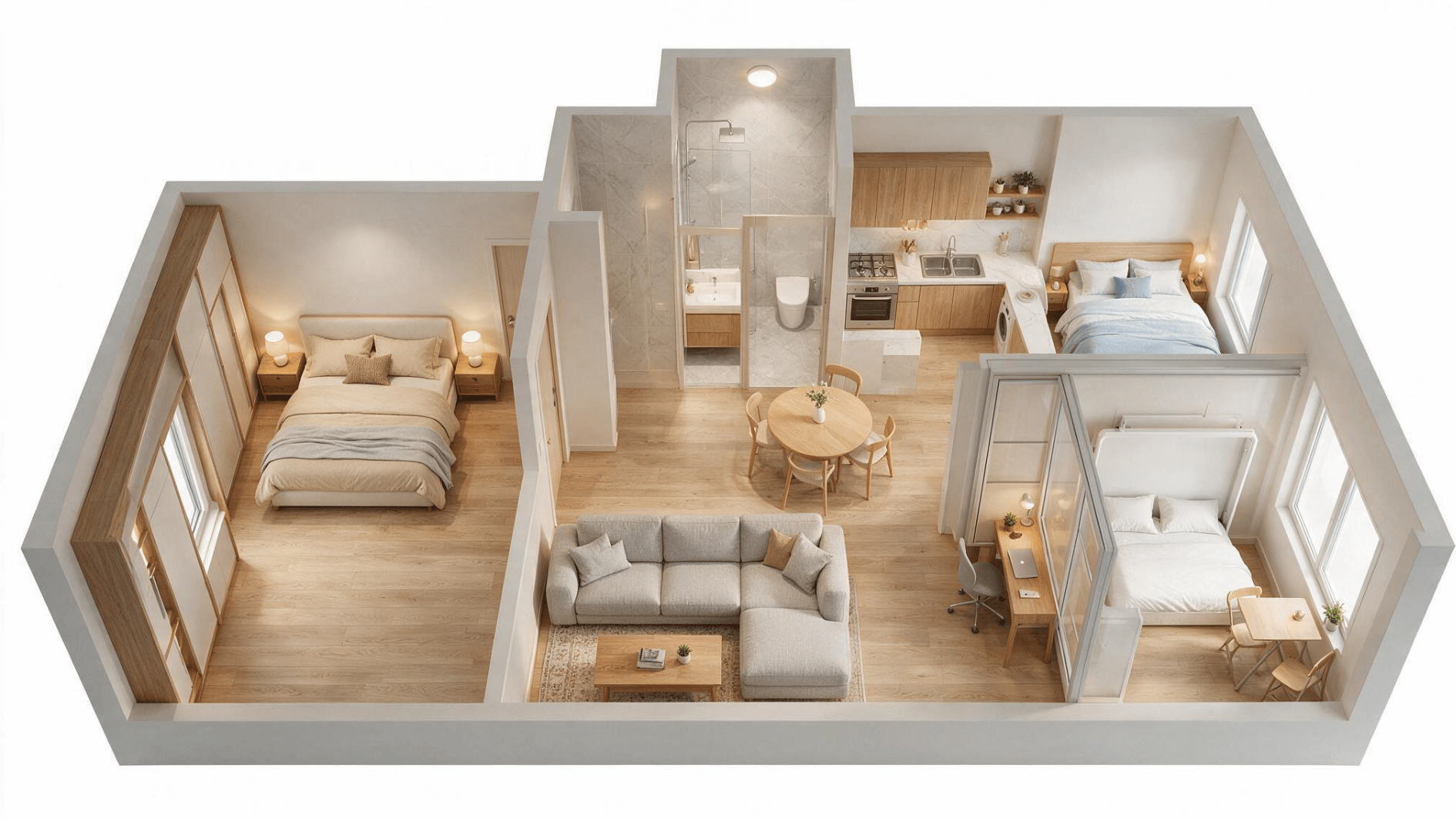 convertible 2 bedroom apartment layout with visible entrance and flexible furnished space