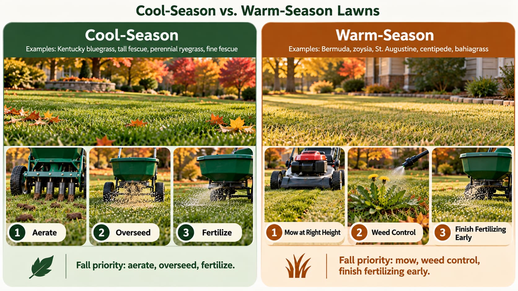 Infographic comparing cool-season and warm-season lawn care priorities for fall.