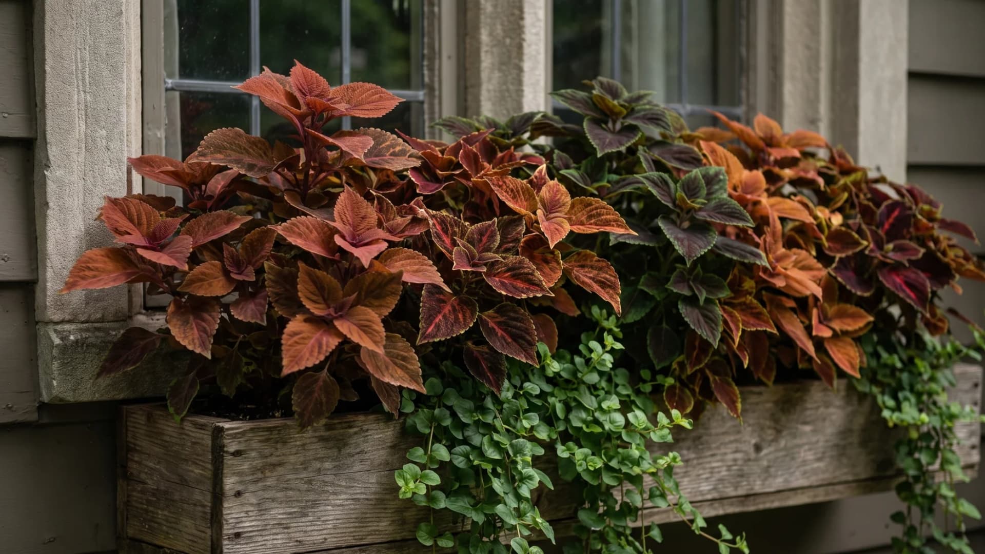 Copper, rust, and burgundy coleus filling a shaded fall window box.