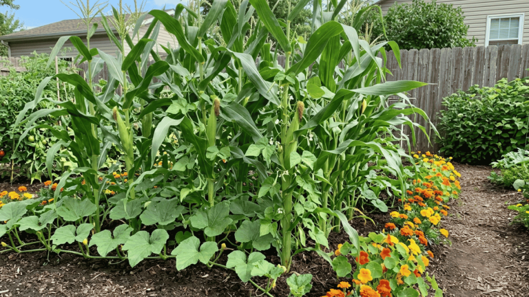 corn growing with beans, squash, marigolds, and nasturtiums in a backyard garden bed