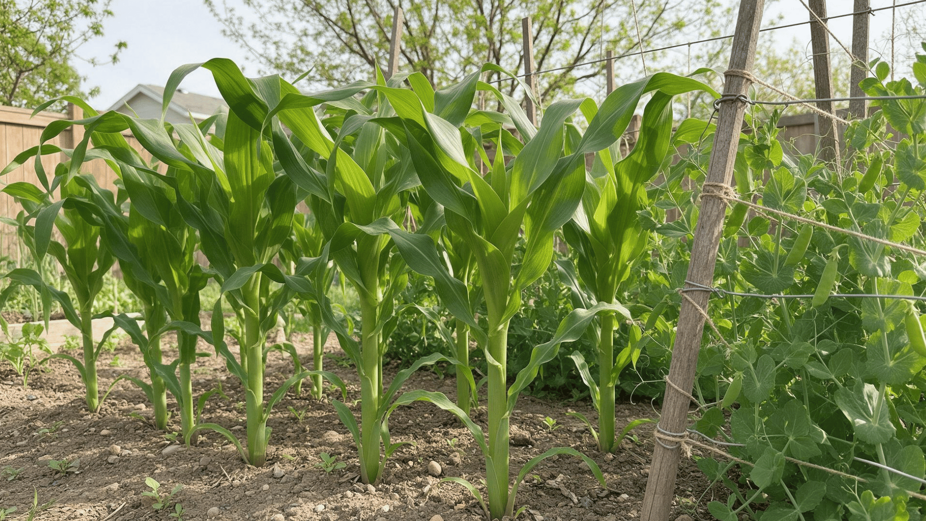 young corn plants growing beside pea vines on a garden trellis in a backyard vegetable bed