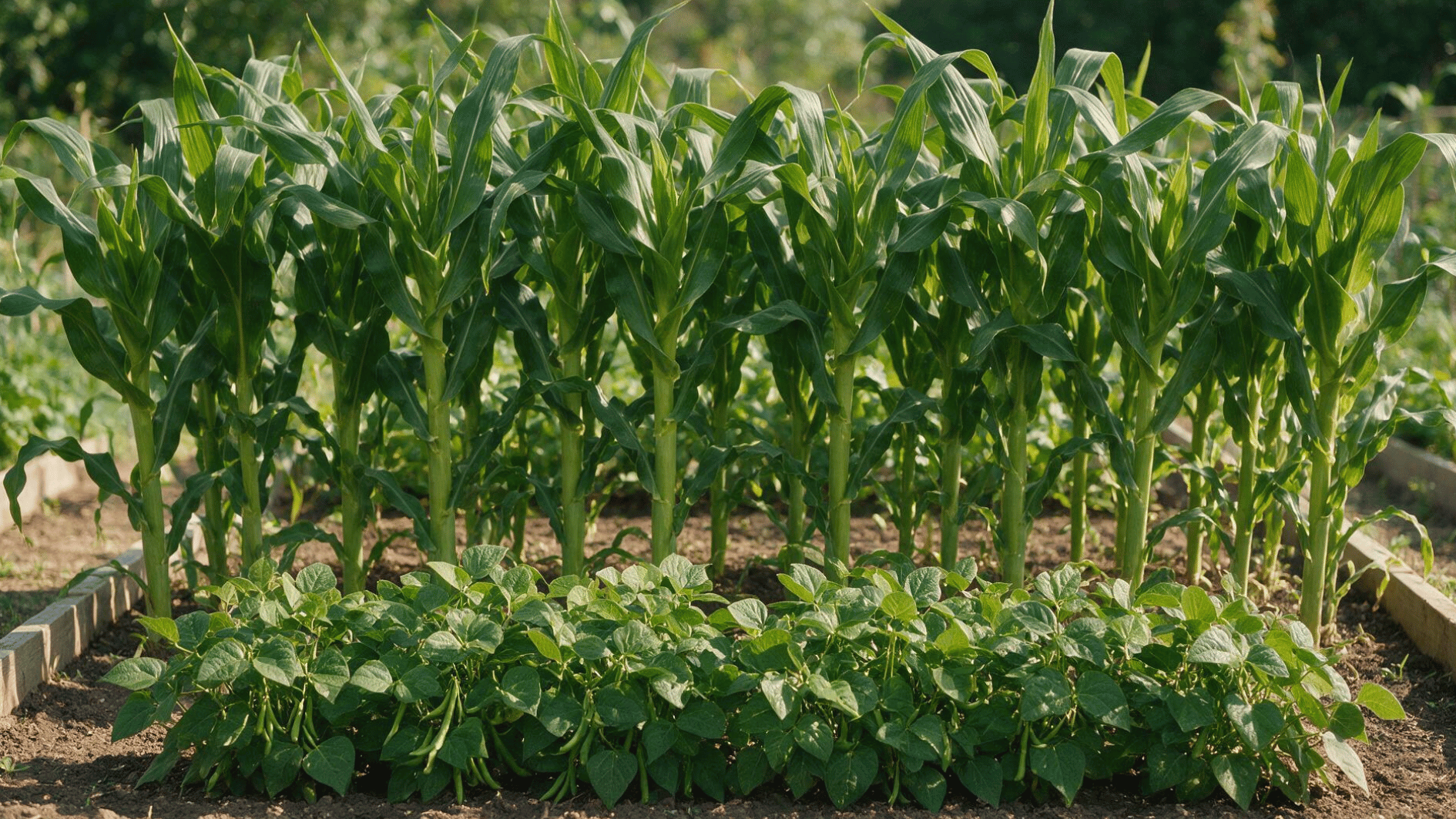 tall corn growing beside compact bush bean plants with visible green pods in a garden bed