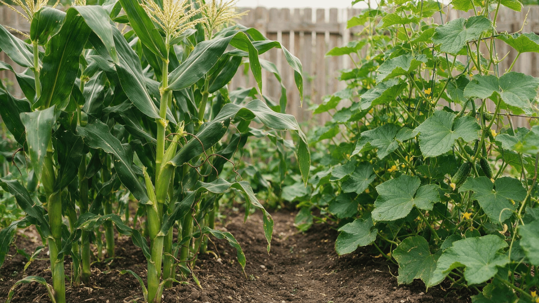 corn growing beside cucumber vines with green fruit and yellow flowers in a backyard garden