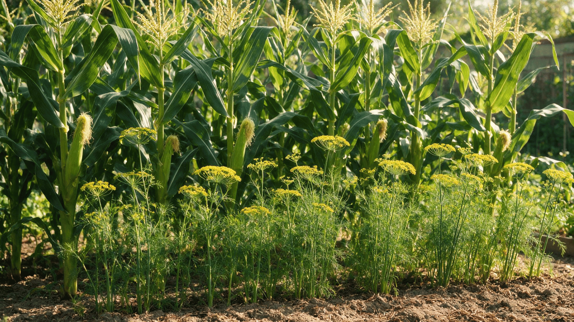 corn growing beside airy dill with yellow flower heads along the sunny edge of a vegetable garden