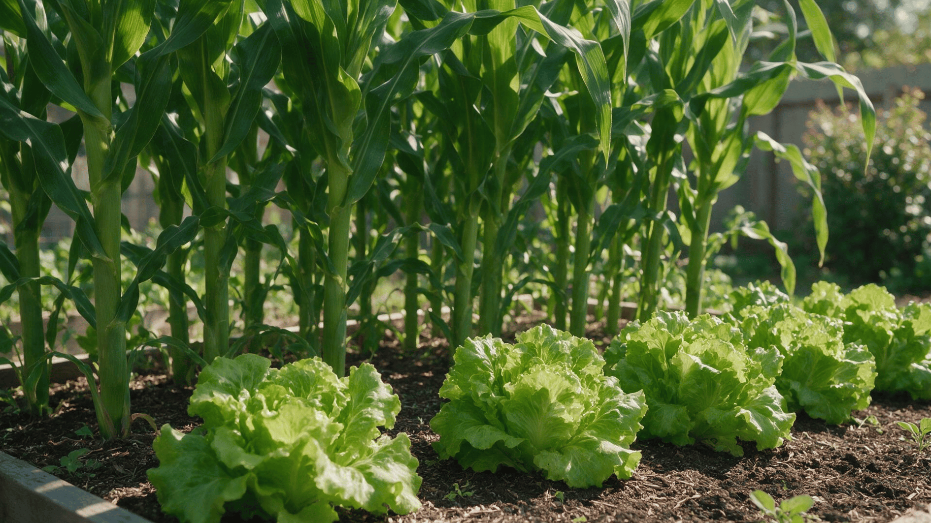 tall corn growing behind leafy lettuce along the outer edge of a backyard vegetable bed