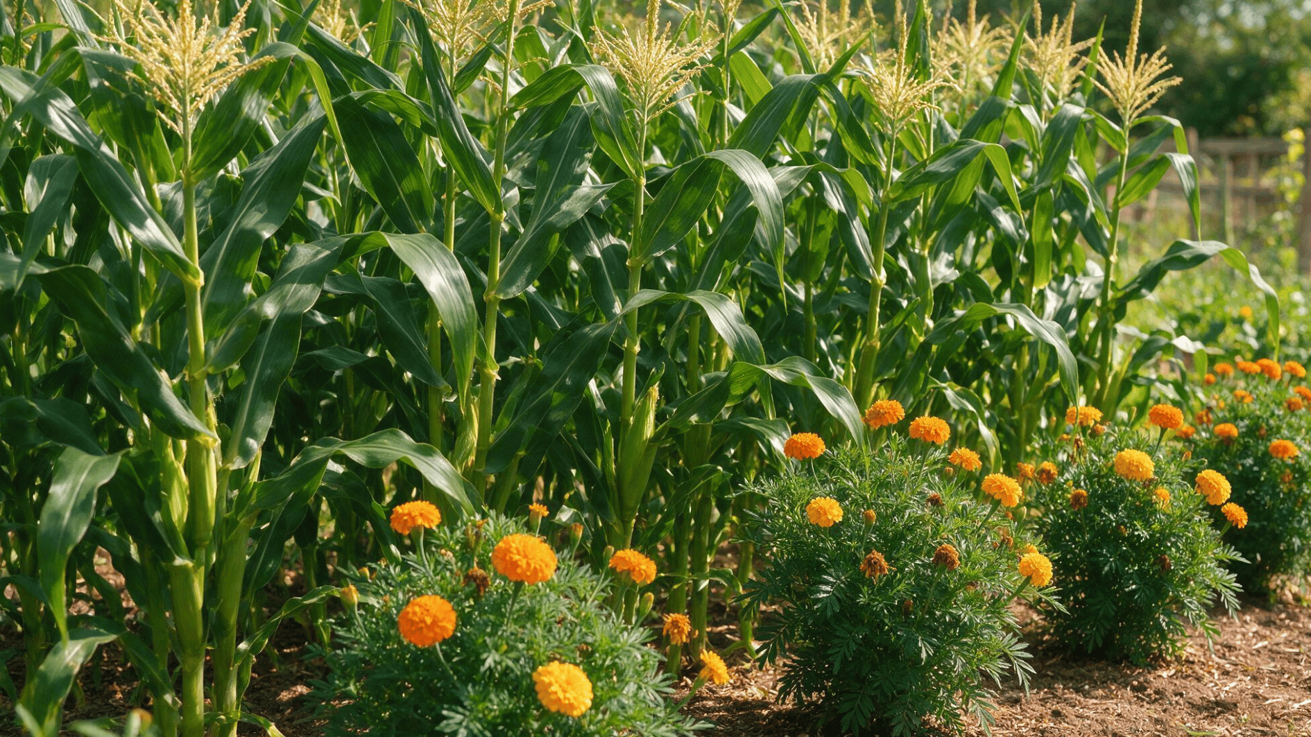 tall corn growing with orange and yellow marigolds along a sunny vegetable garden border