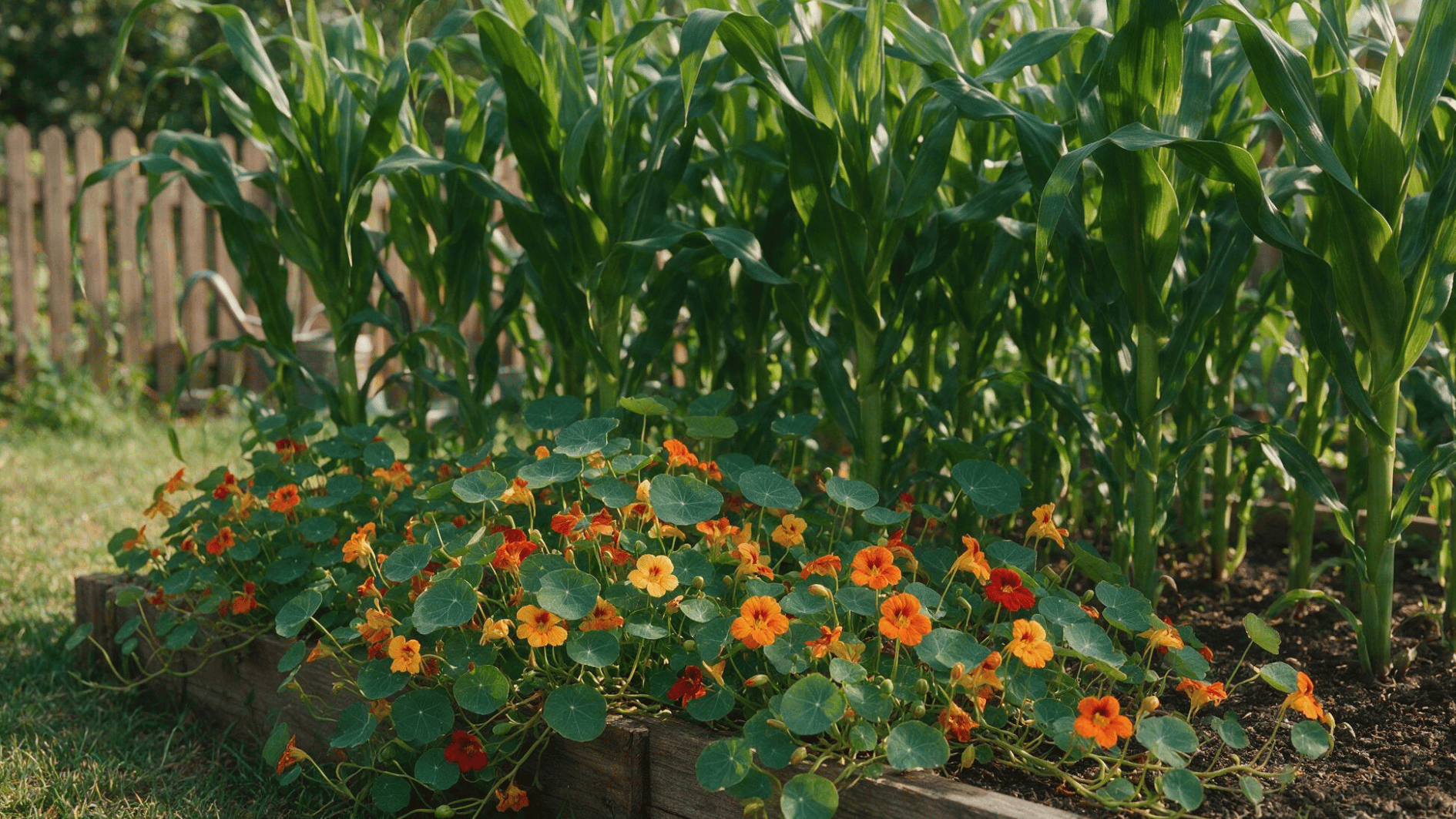 corn growing behind trailing nasturtiums with colorful flowers along a natural garden border
