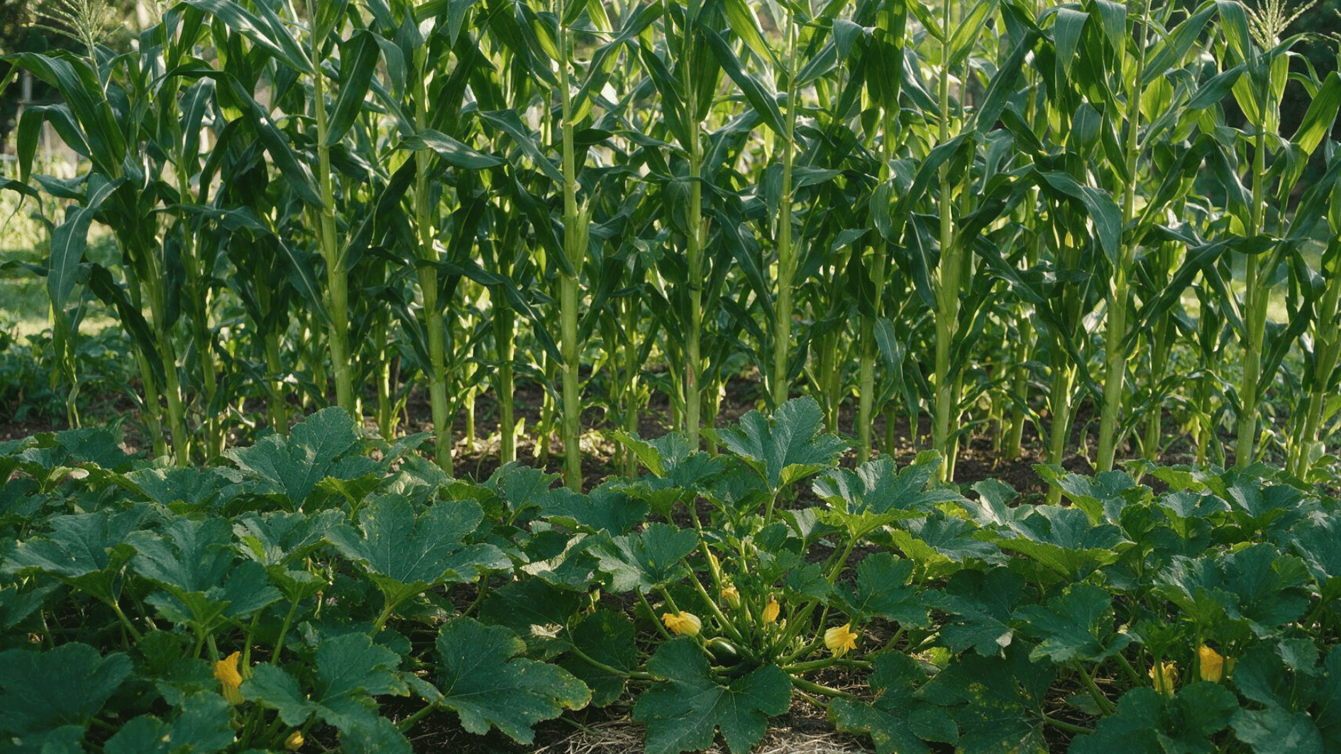 tall corn growing above spreading winter squash vines in a sunny backyard vegetable garden