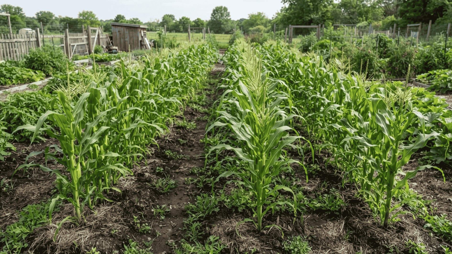 corn stalks growing in rows in an outdoor vegetable garden