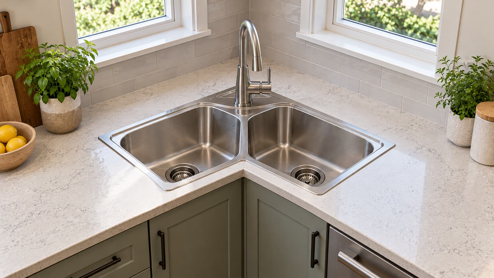 L-shaped corner kitchen sink fitted into the counter angle.