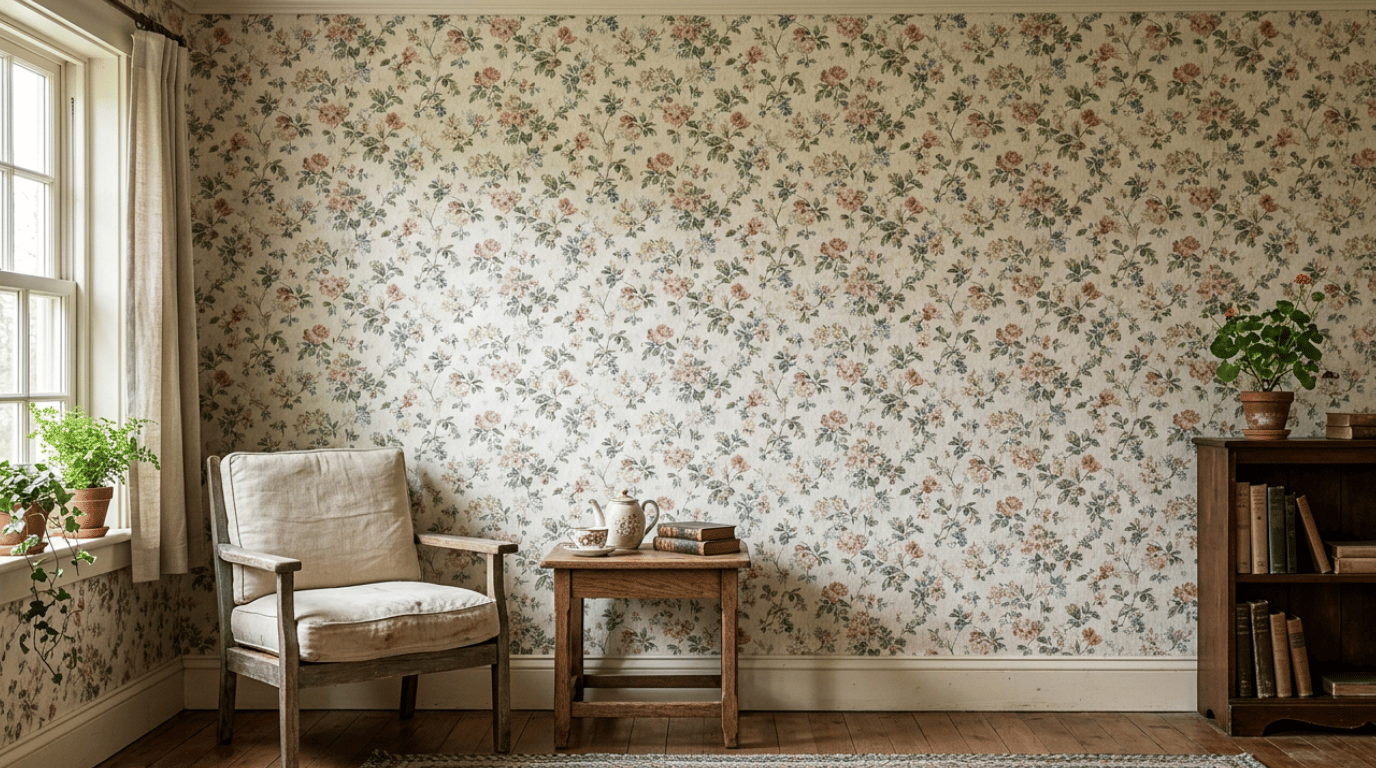 vintage floral wallpaper with small faded flowers and delicate stems creating a soft cottage-inspired bedroom wall