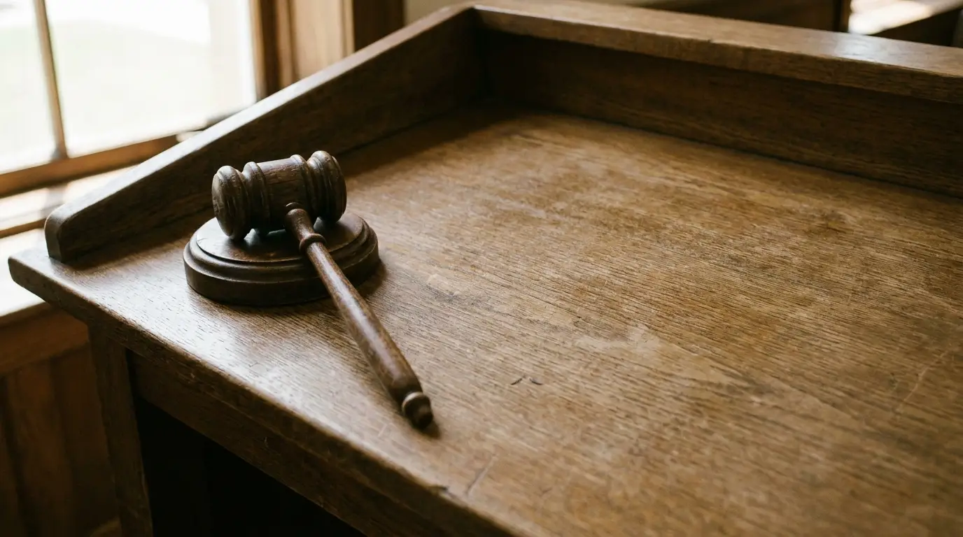 Wooden gavel resting on a wooden podium in a sunlit courtroom