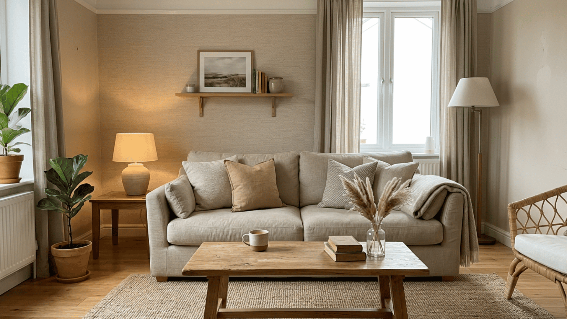 cozy living room with warm neutrals, soft textures, and layered decor for mood boards