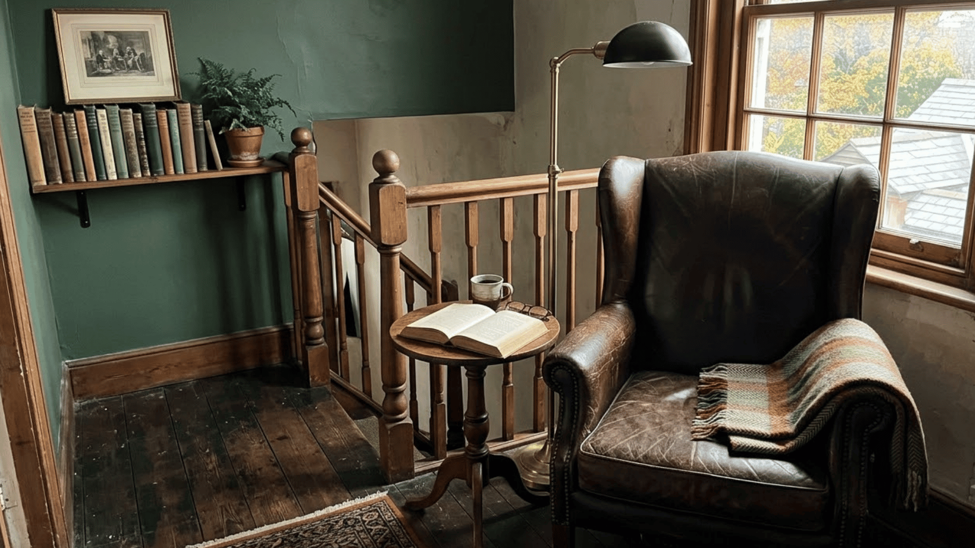 dark academia reading corner with leather wingback chair warm floor lamp and wool throw