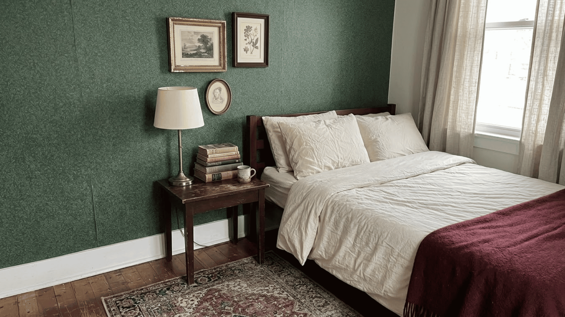 budget dark academia guest room with thrifted furniture removable wallpaper and framed artwork
