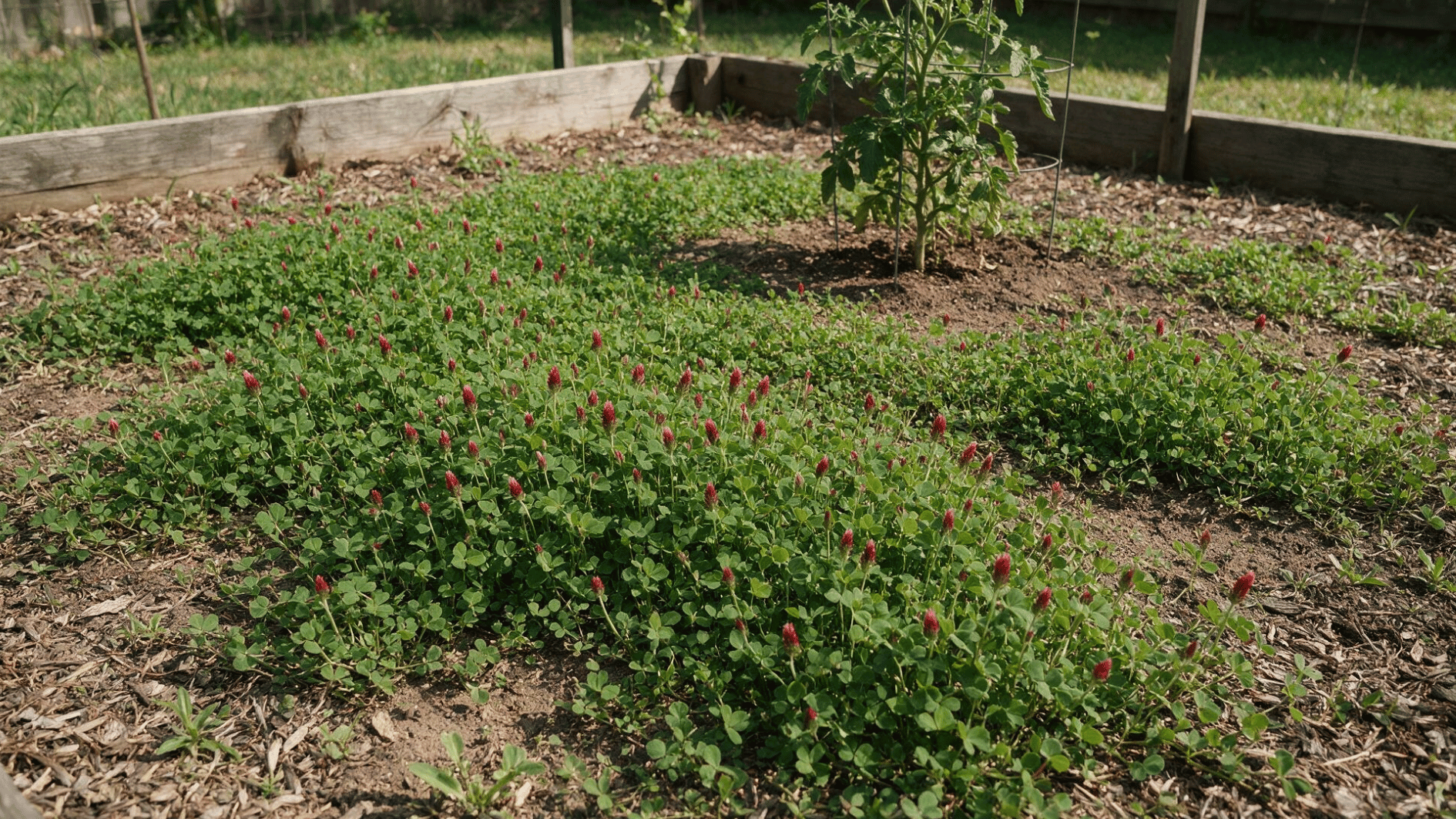 crimson clover growing as ground cover near a tomato plant in a real home backyard garden