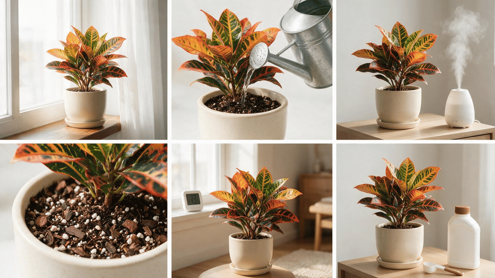 croton plant care collage showing light, watering, humidity, soil, temperature, and fertilizer needs