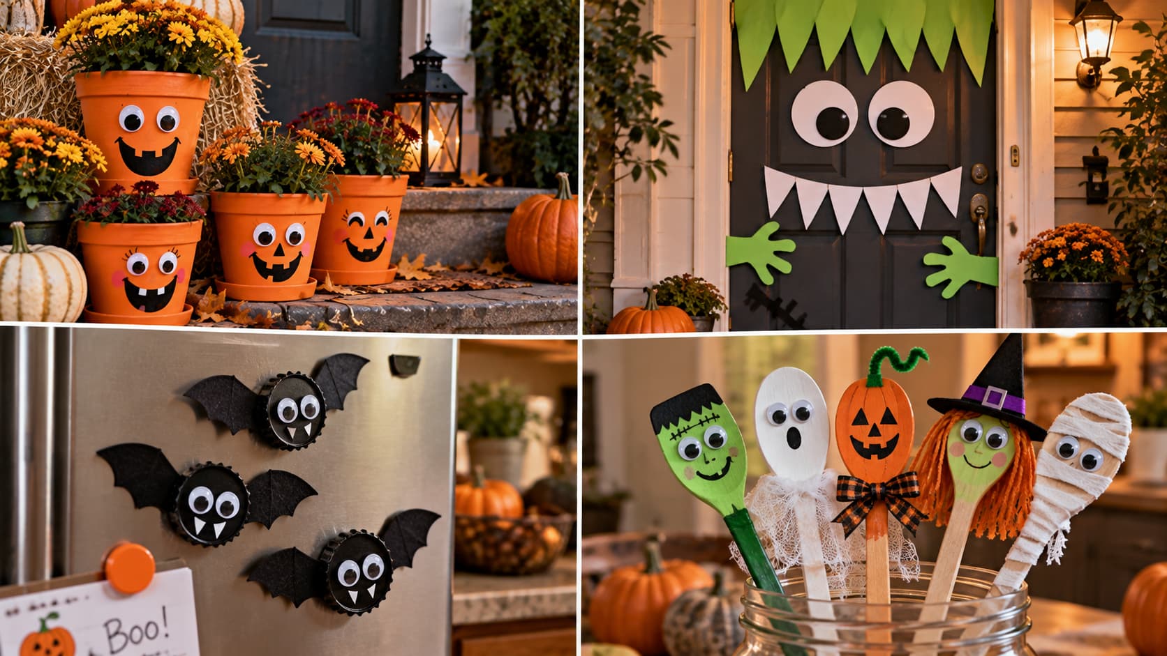 Four-panel photo grid showing cute and family-friendly DIY Halloween crafts.