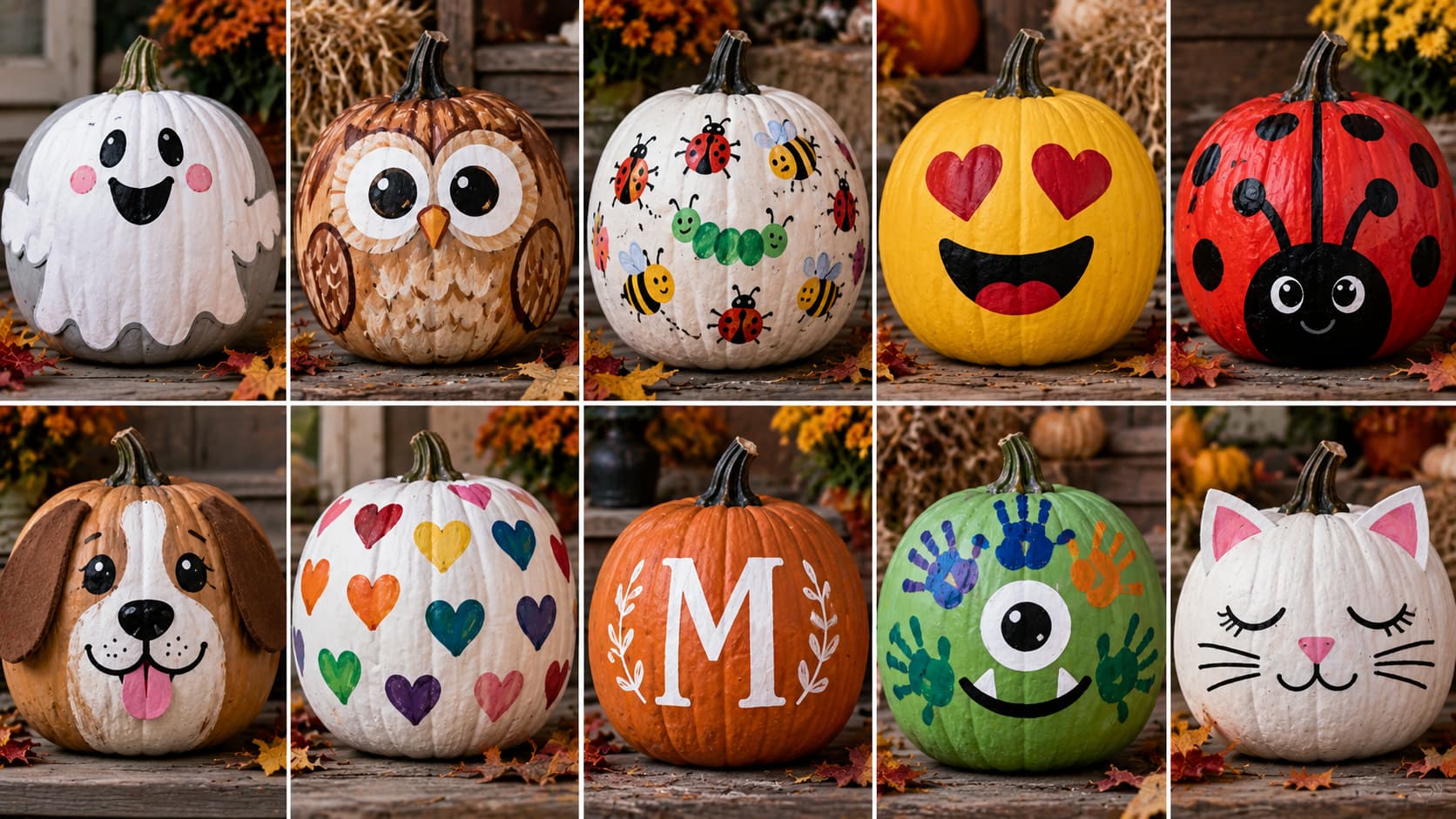 A ten-panel collage of kid-friendly painted pumpkins depicting a smiling ghost, baby owl, emojis, a ladybug, and colorful hearts.